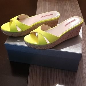 Prada cork wedge patent sandals
